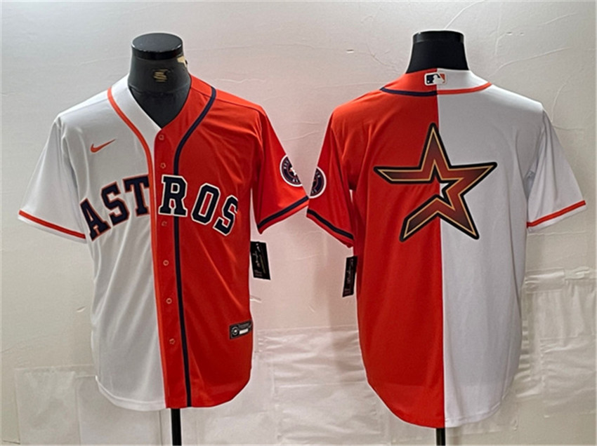 Men's White/Orange Houston Astros Split Team Big Logo With Patch Cool Base Stitched Baseball Jersey